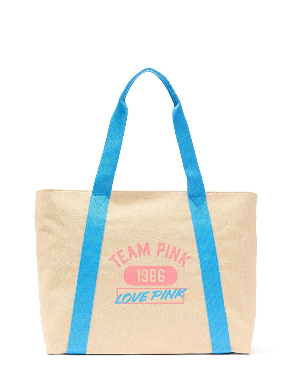 NWT PINK Victoria's Secret 'Team Pink' Beige Canvas Tote with Blue Straps